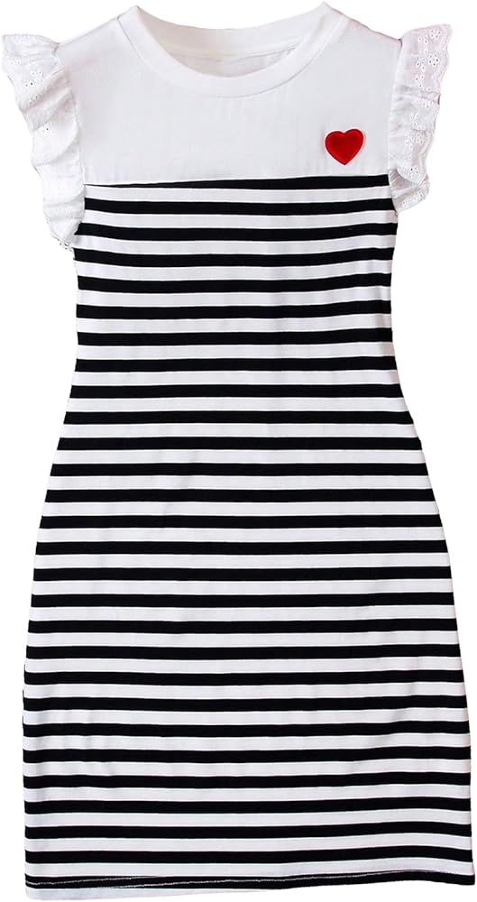 COZYEASE Girls' Heart Striped Print Dress Embroidery Crewneck Flounce Sleeve Dress Straight Tee Dresses