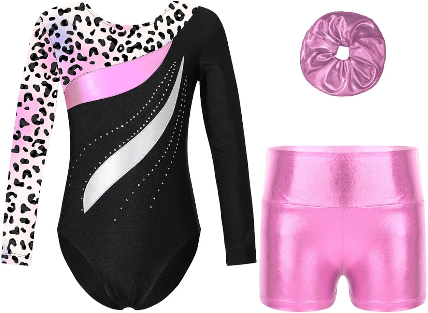 Girls Kids Long Sleeve Leotard Gymnastic with Metallic Sports Shorts Set 2pcs Athletic Tracksuit Dance