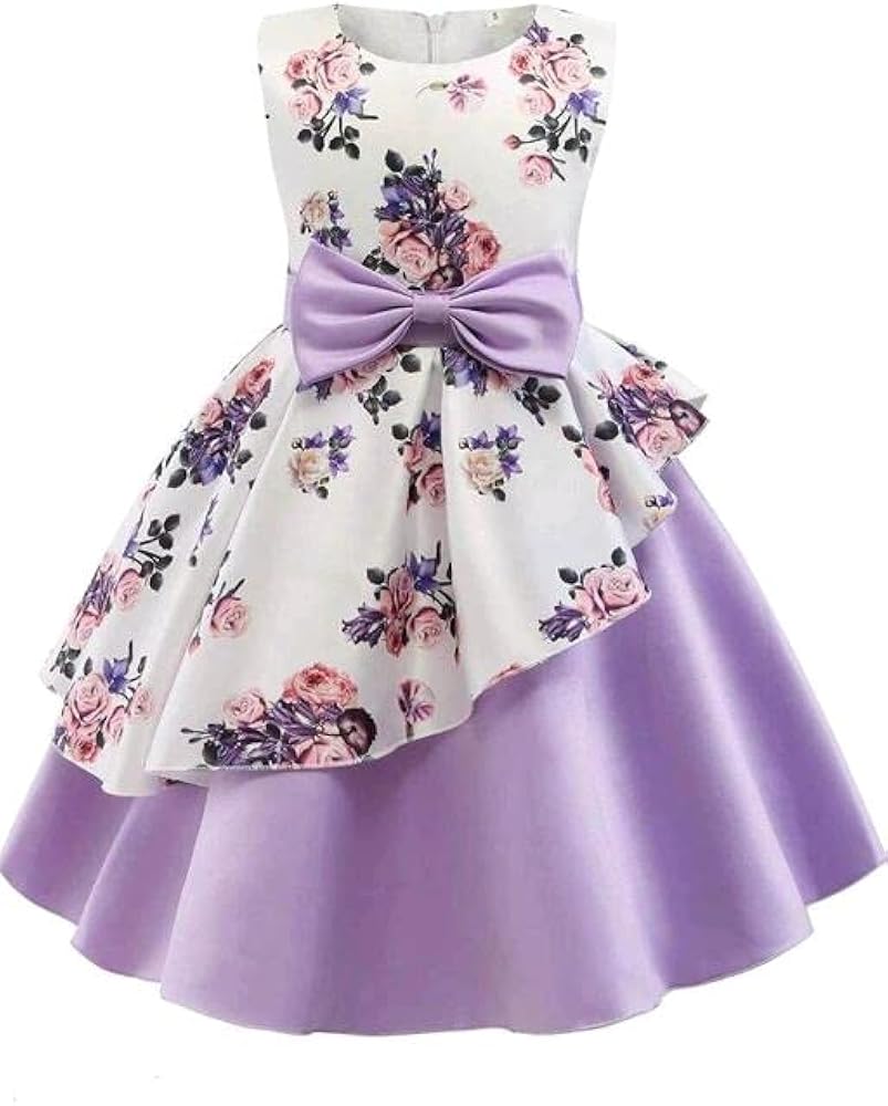 Girl's Satin Floral Printed Frock Knee Length Short Frocks Dress. (5-6 Year, Purple)