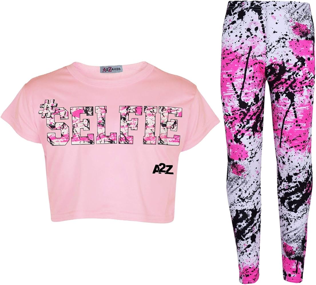 Girls #SELFIE Print Baby Pink Crop Top Short Sleeves T Shirt And Splash Print Fashion Leggings Set Age 5-13 Years