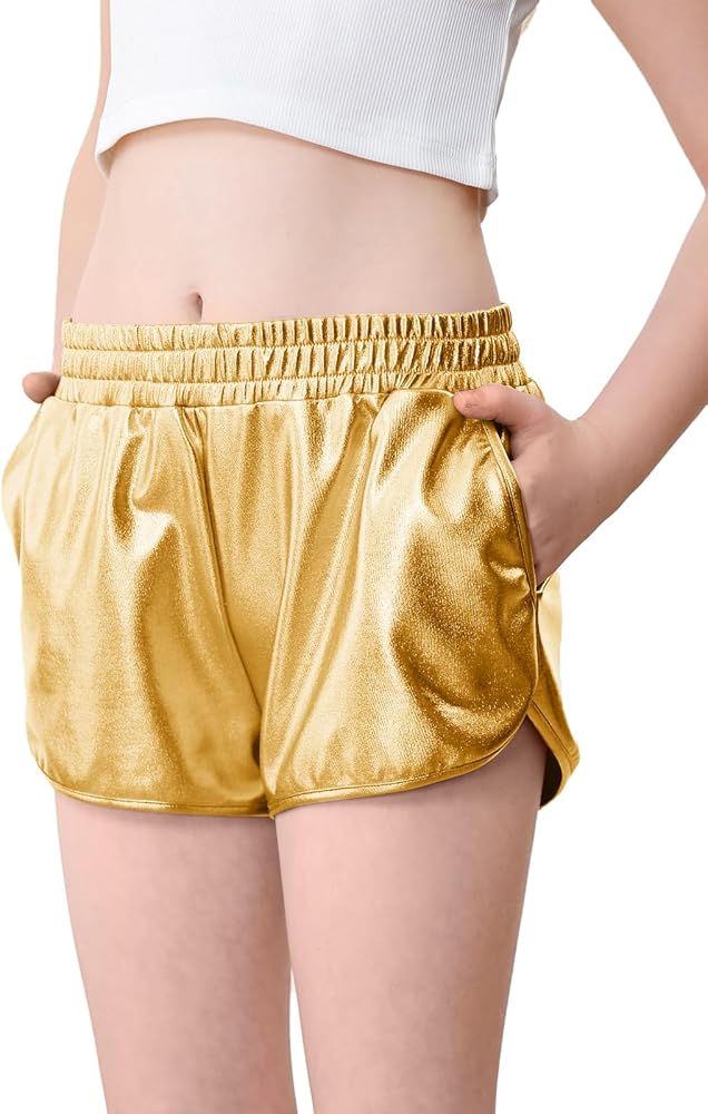 YgneeDom Girls Metallic Shorts Shiny Dance Hot Pants Sparkly Athletic Shorts 80s Outfits Pants for Kids