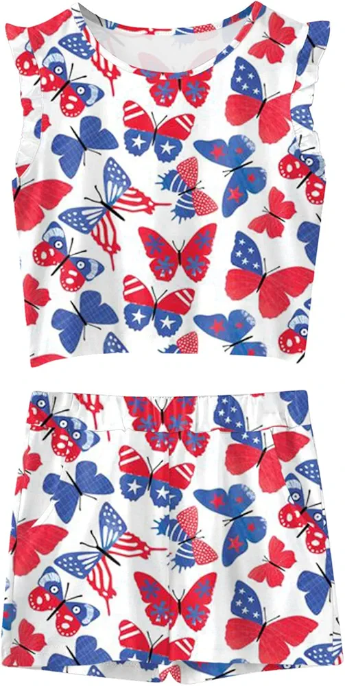 Toddler Kids Girls 4th of July Prints Sleeveless Independence Day Strap Vest T Shirt Tops Shorts 2pcs Outfits Set (Red, 5-6 Years)