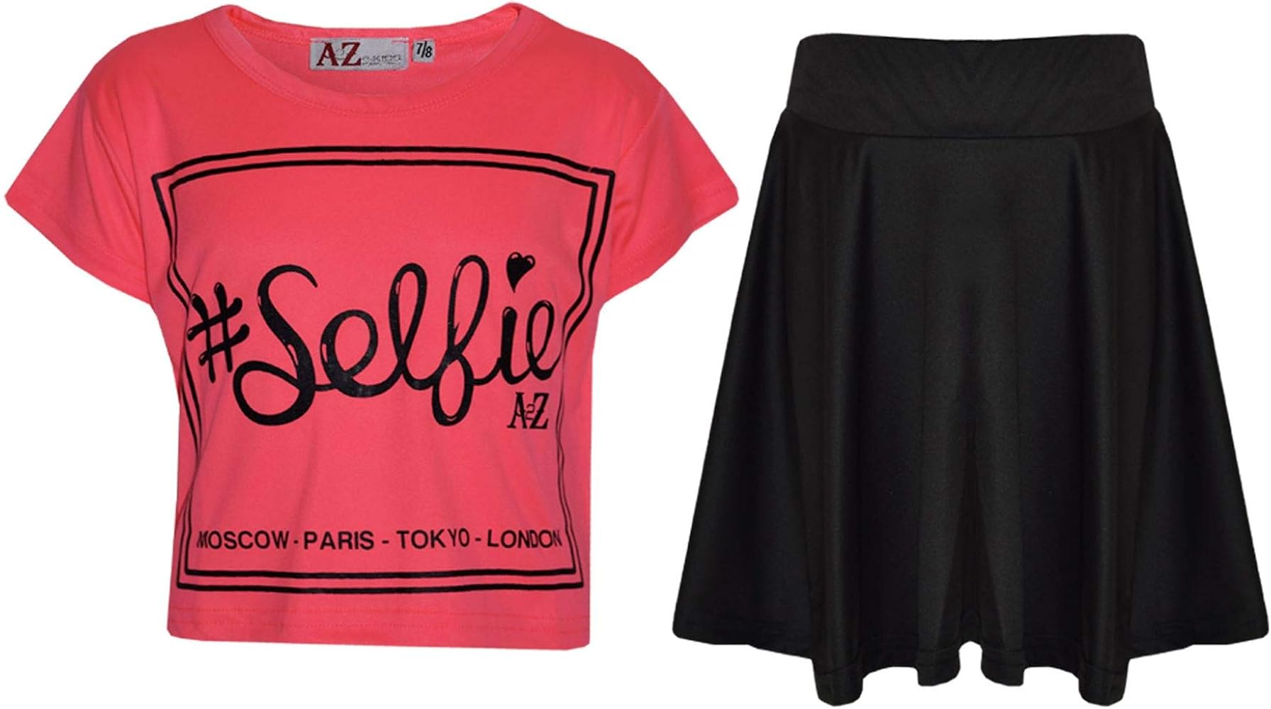 Girls Top Kids Selfie Print Stylish Crop Top & Skater Skirt Set Neon Pink