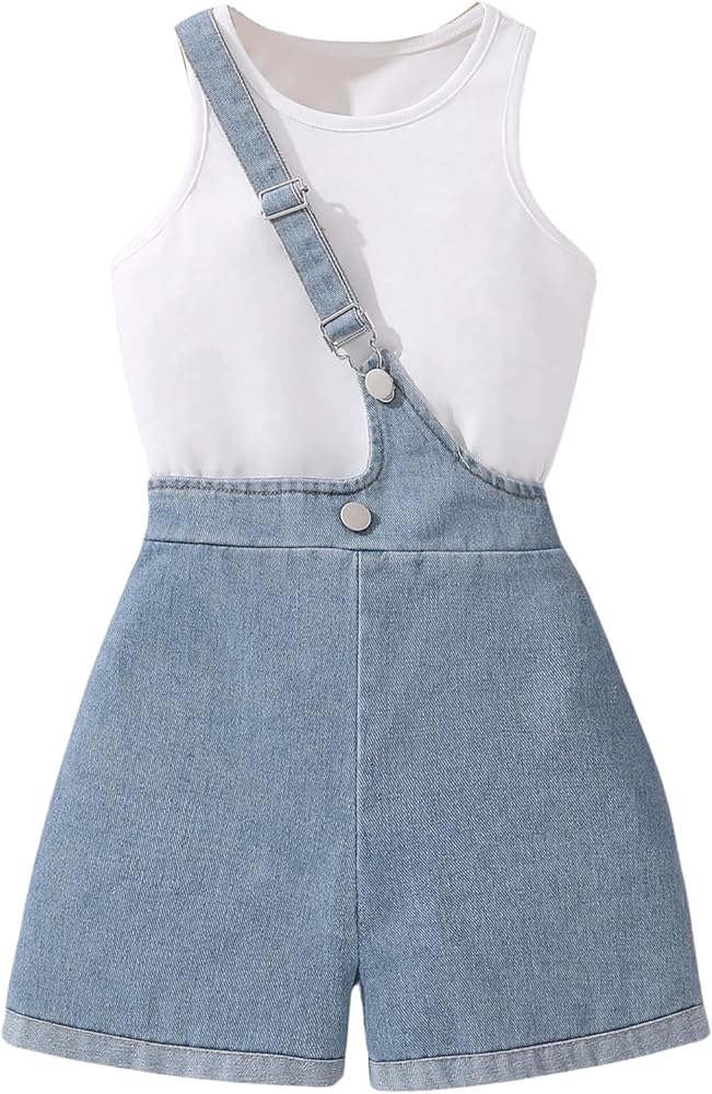 Girl's 2 Piece Outfits Sleeveless Crewneck Basic Tank Tops and Jean Overalls Shorts Romper Sets