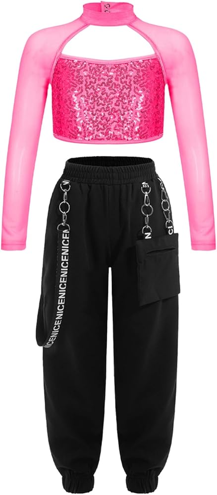 Kids Girls 2Pcs Active Tracksuit Long Sleeve Crop Top with Athletic Trousers Set for Workout Sports Dancewear