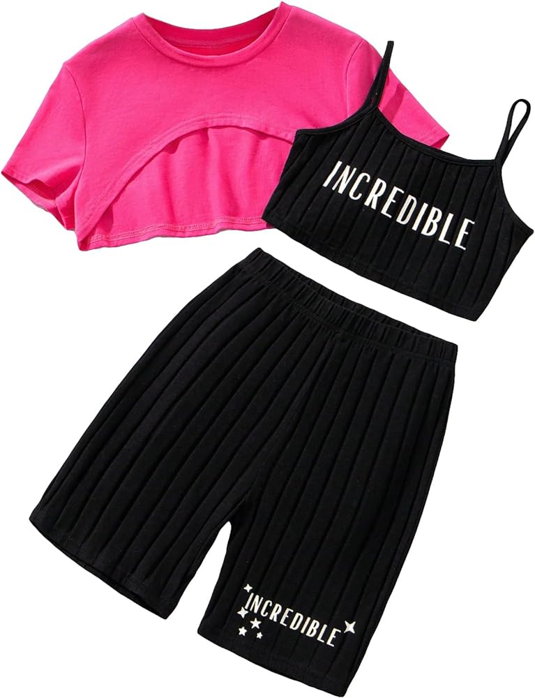 OYOANGLE Girl's 3 Piece Outfit Colorblock Letter Print Knitted Cami Crop Top and Biker Shorts Set with Crop Top