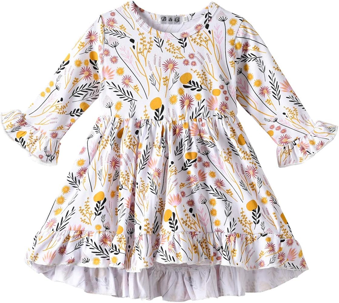 HIHA Toddler Girls Fall Dress, Baby Thanksgiving Outfit Girl Long Sleeve Winter Clothes Little Girls Yellow Floral Sundresses