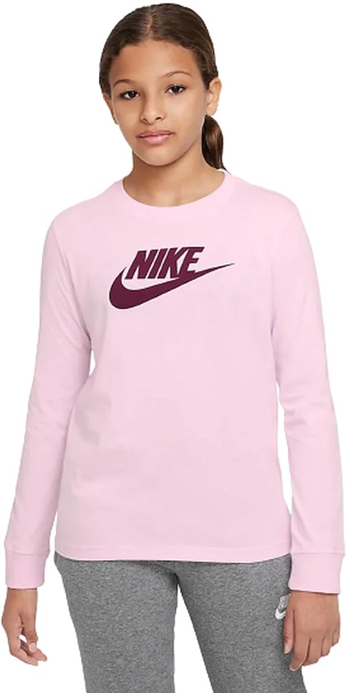 Nike Girls' Sportswear Basic Futura Long Sleeve Graphic T-Shirt (X-Large, Pink Foam/Viotech)