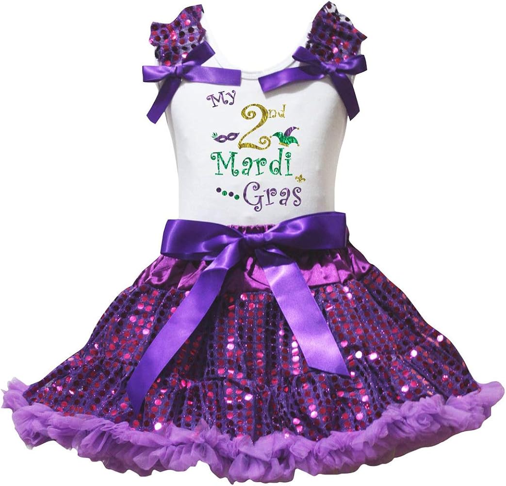 Petitebella My 1st to 6th Mardi Gras Shirt Purple Sequins Petti Skirt Set 1-8y