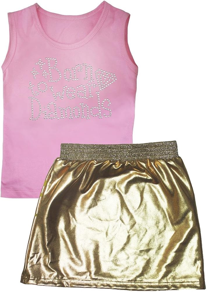 Petitebella Born To Wear Diamonds Pink Vest Star Gold Skirt Set 1-8y