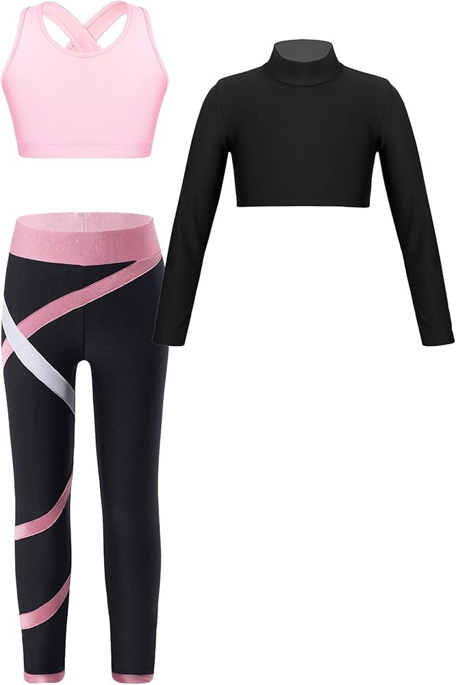 Kids Girls 3Pcs Dance Sports Outfit Sports Bra Long Sleeve Crop Top with Athletic Leggings Tracksuit Set