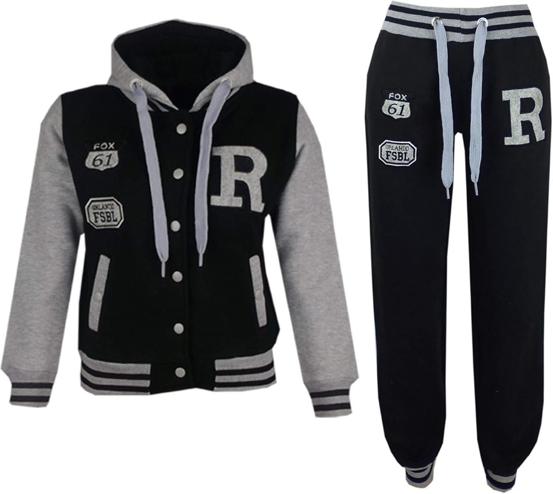 Kids Girls Boys Hooded Baseball Varsity Black Tracksuit Hoodie Bottom Set Jogger