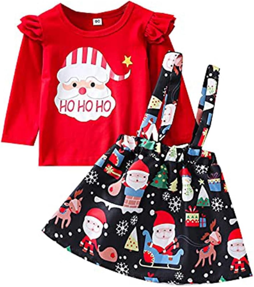 Quenny Christmas girls' two-piece suit,girls' holiday party skirt little flying sleeve T-shirt top suitsuits.