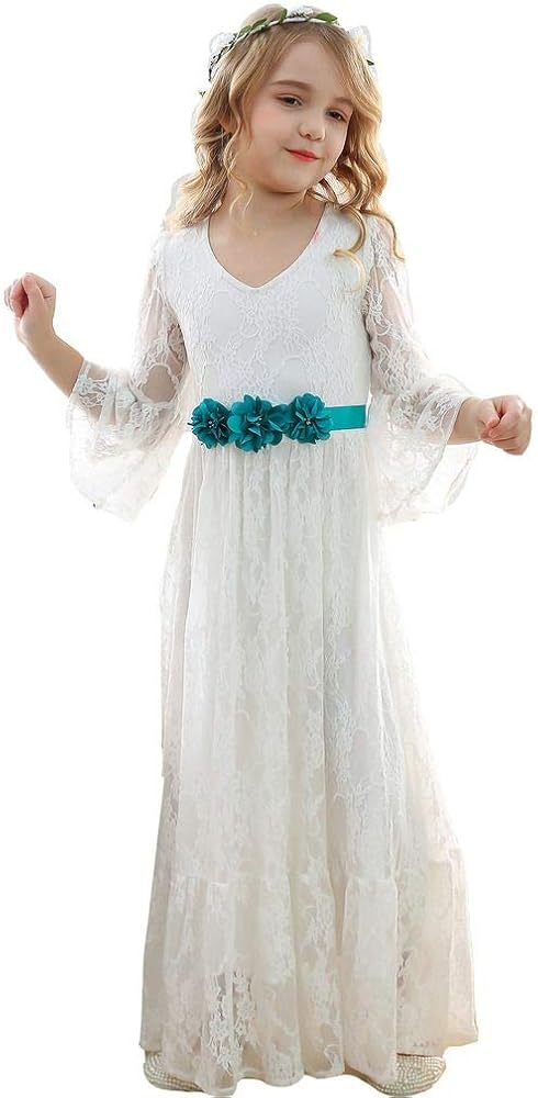 Bow Dream Vintage Boho Lace Flower Girl Dress for Wedding Long Sleeves Pageant First Communion 2T to 12 Years Old