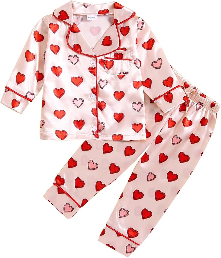 Toddler Kids Girls Autumn Long Sleeve Lapel Sateen Home Suit Love Heart Printed Elasticated Pants Sleepwear 2PC Set