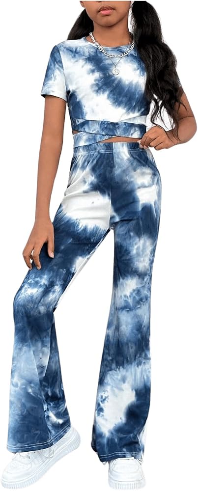 Verdusa Girl's Tie Dye 2 Piece Outfit Short Sleeve Tee Crop Top and Flared Leg Pants Set