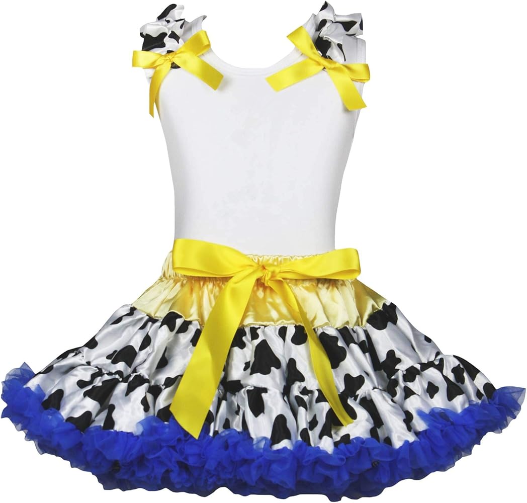 Petitebella Plain White Shirt Yellow Blue Dairy Cows Petti Skirt Outfit 1-8y