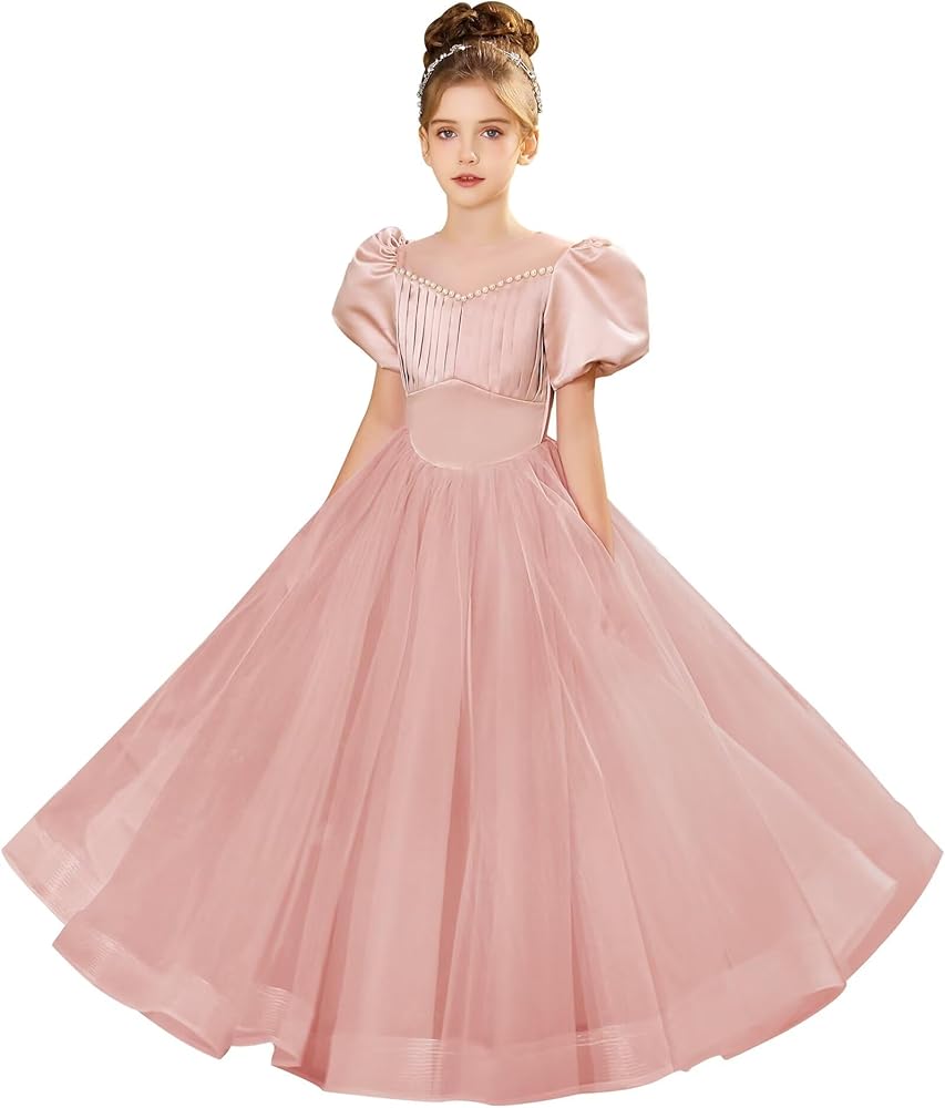 Flower Girls Satin Tulle Dresses for Wedding Pearls Princess Pageant Dress Birthday Party Ball Gown