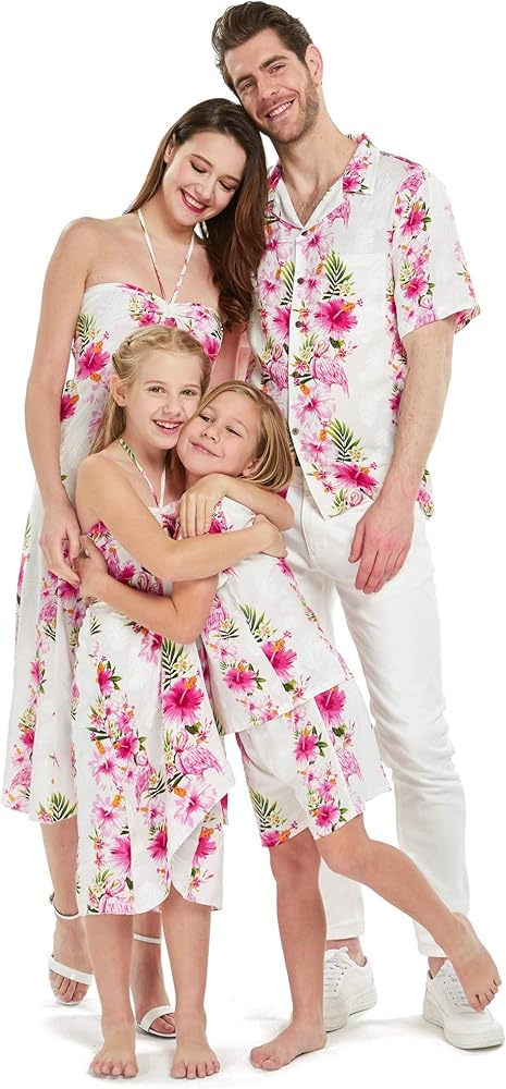 Matchable Family Hawaiian Luau Men Women Girl Boy Clothes in Pink Hibiscus Vine White