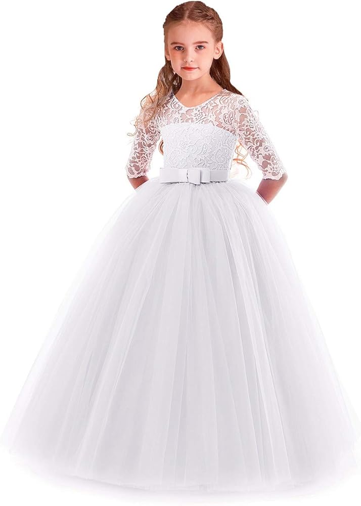 FMYFWY Flower Girls 3/4 Sleeve Lace Tulle Dress Kids Pageant Party Communion Wedding Birthday Evening Dance Prom Ball Gown