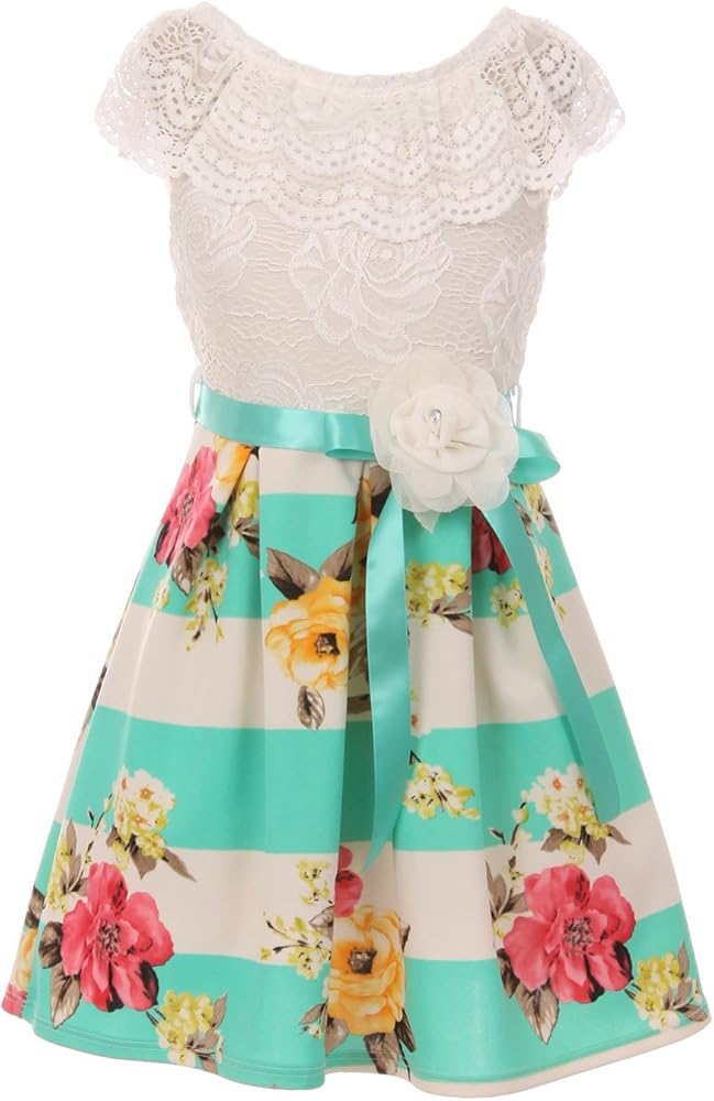 Lace Ruffle Neck & Off Shoulder Top Striped Flower Print Dress for Girl