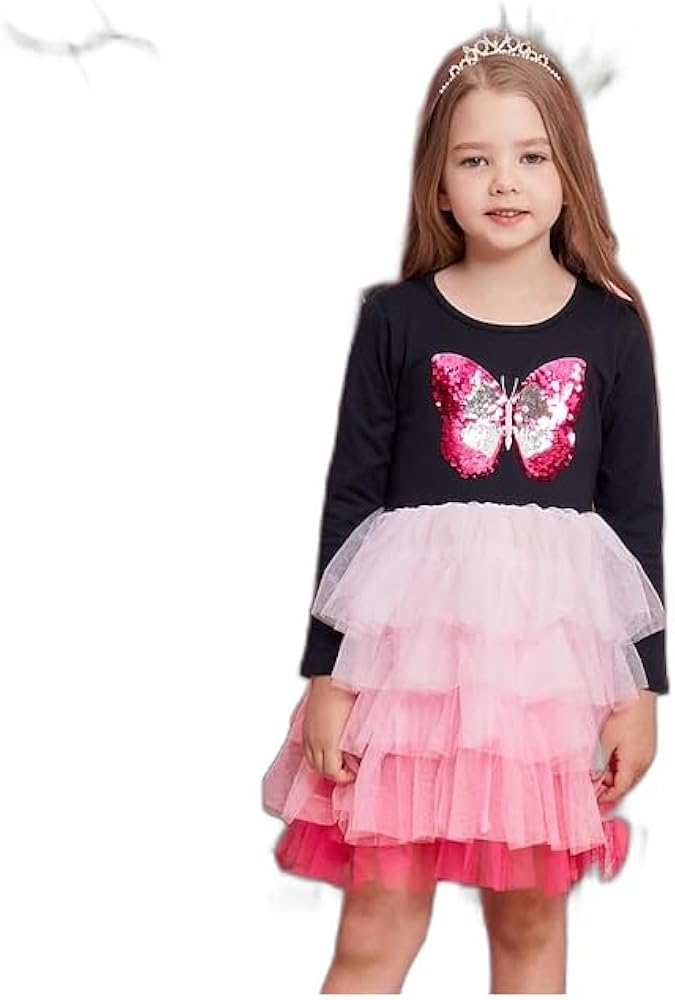 Kids Girls' Dress Butterfly Long Sleeve Performance Party Sequins Lace Embroidered