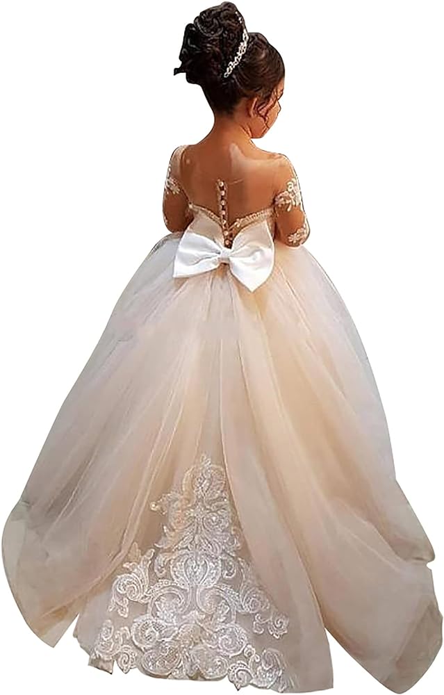 A Line Wedding Dress for Junior Lace Mini Bride Flower Girl's Ball Gown Special Occasions Dresses Full Length Champagne First Communion Pageant Sheer Sweetheart Kids Prom Dress, Size8, Ivory