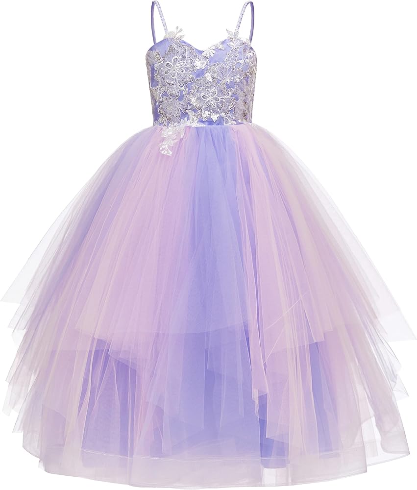 Flower Girls Dress Lace Tulle Spaghetti Straps Rainbow Birthday Princess Party Ball Gowns