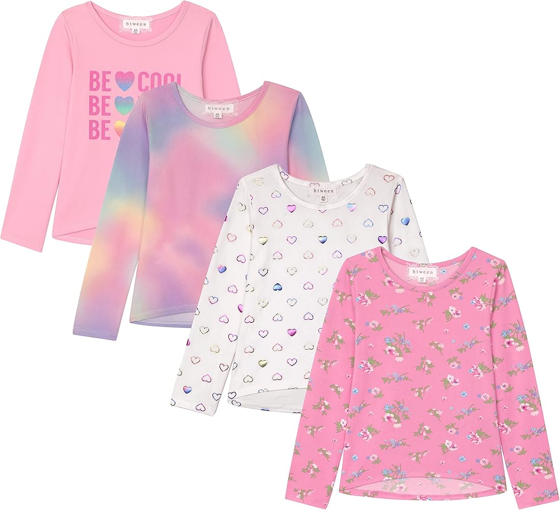 Girls Long Sleeve Fall Graphic Tops, School & Sports Tees, 4 Pack Multiple Pattern Tshirts