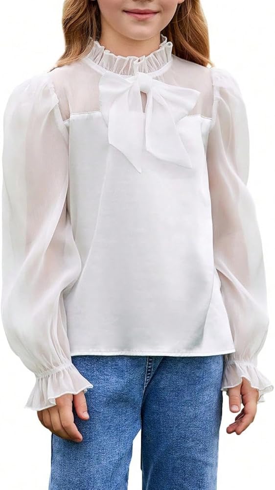 WDIRARA Girl's Contrast Mesh Bow Front Shirt Cute Mock Neck Long Flounce Sleeve Blouse Top