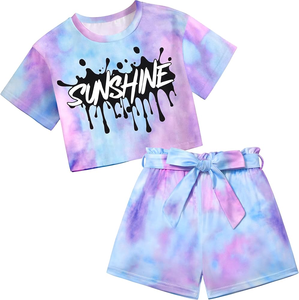 Girls Clothes, Summer Clothes Letter Printed Tie Dye Short Sleeve T-shirt + Shorts 2Pcs Kids Clothes Girl Outfits