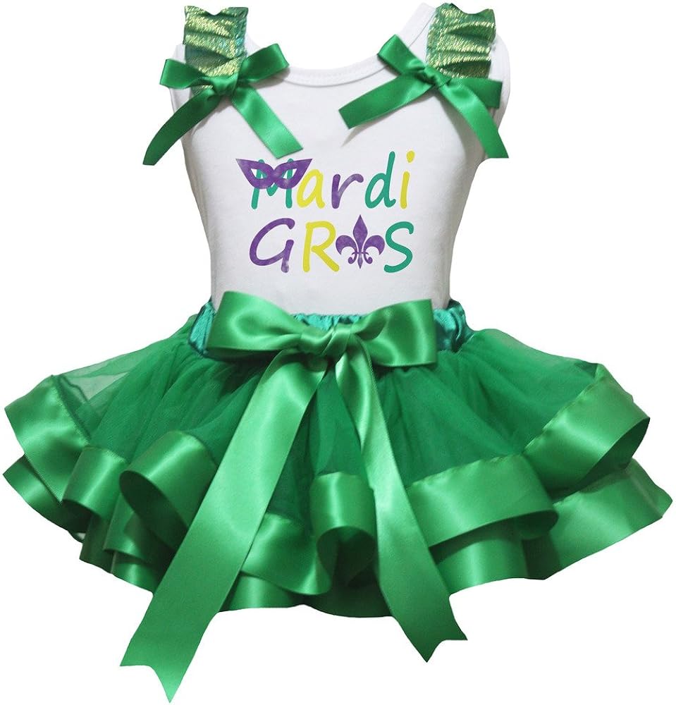 Petitebella Mardi Gras White Shirt Green Petal Skirt Set Nb-8y