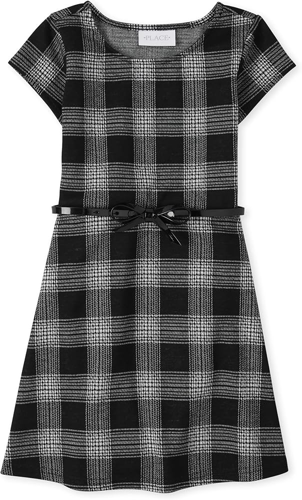 The Children's Place girls Plaid Stretch Jacquard Short Sleeve Dress