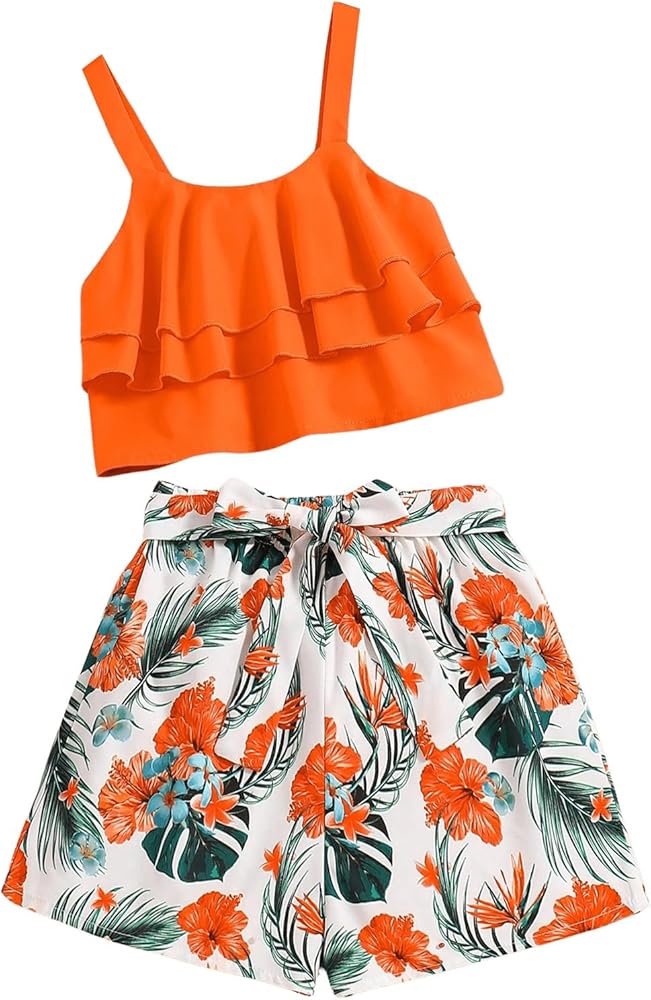 WDIRARA Girl's Tiered Layer Cropped Solid Tank Top & Tropical Print Belted Shorts 2 Piece Summer Loose Holiday Sets