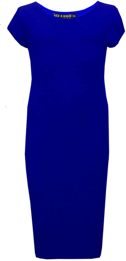 A2Z 4 Kids Girls Bodycon Plain Short Sleeve Long Length Dresses - Midi Dress Royal 11-12