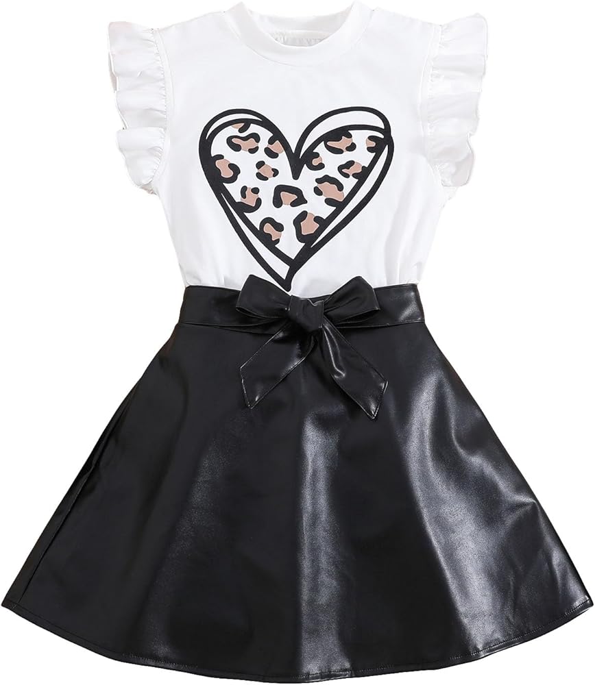 Verdusa Girl's 2 Piece Outfits Ruffle Trim Tee Top with PU Leather Belted Skirt