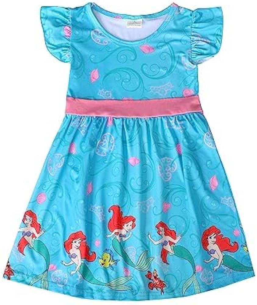 Toddler Girls Princess Cartoon Twirl Dress Ruffle Bottom Summer Flutter Sleeves Clothes 6-7Y, Mermaid 2