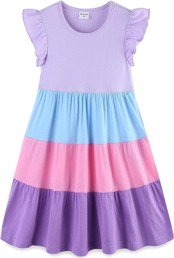 Bumeex Girl's Dresses Cotton Ruffle Sleeve Tiered Swing A-Line Cute Midi Casual Sundress