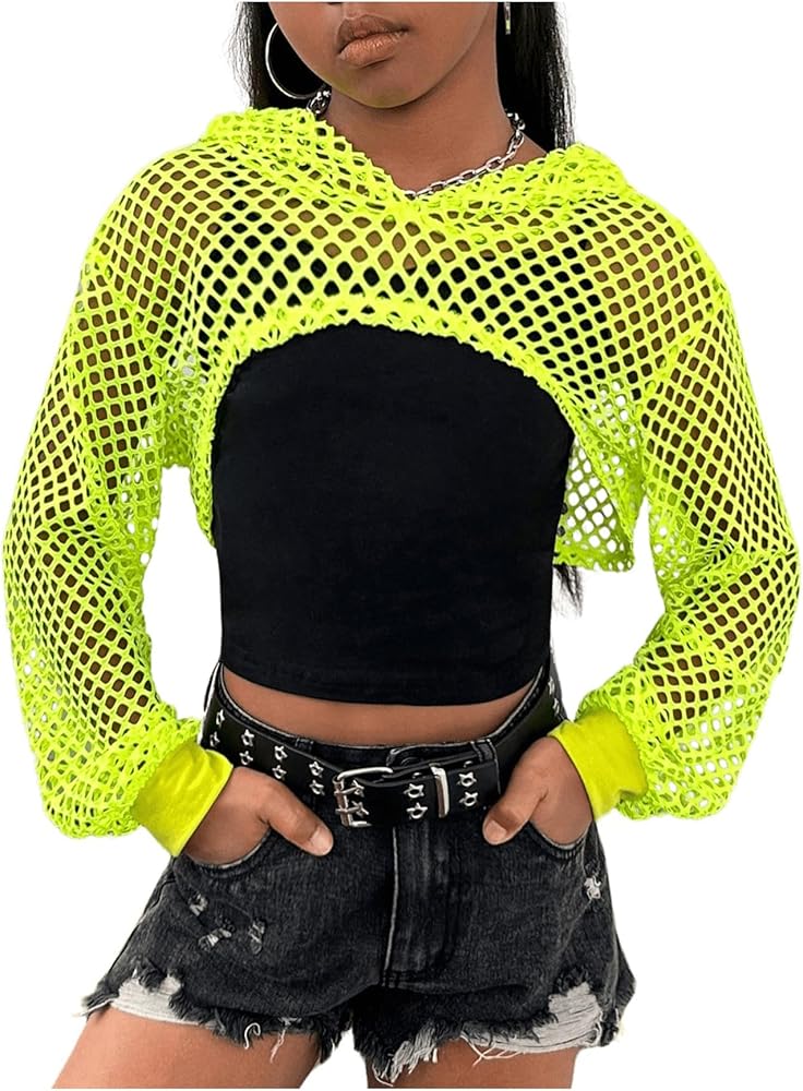 SHENHE Girl's Mesh Fishnet Crop Hoodie Workout Sports Athletic Crop Top Neon Sweatshirt