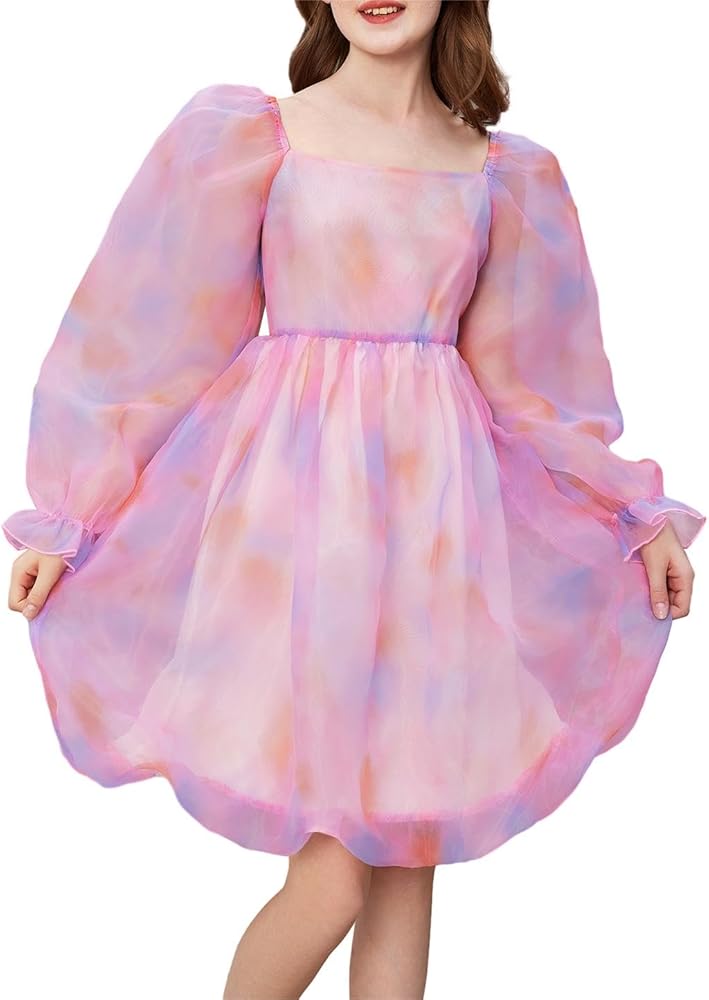 WDIRARA Girl's Tie Dye Ball Gown Square Neck Dress Long Puff Sleeve Flared Hem Organza Dress