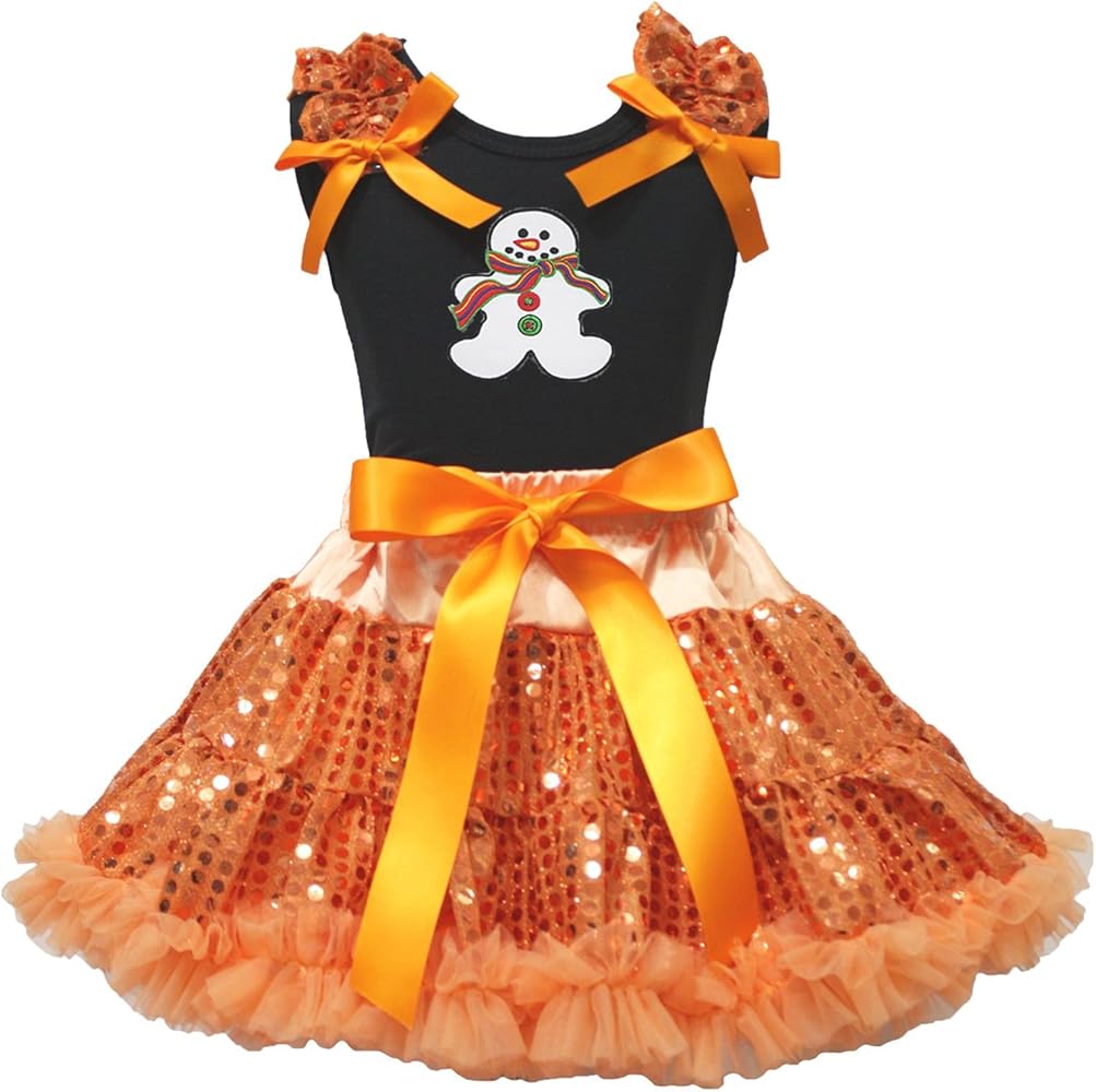 Petitebella Christmas Dress Gingerbread Man Black Shirt Orange Sequin Skirt Girl Outfit 1-8y