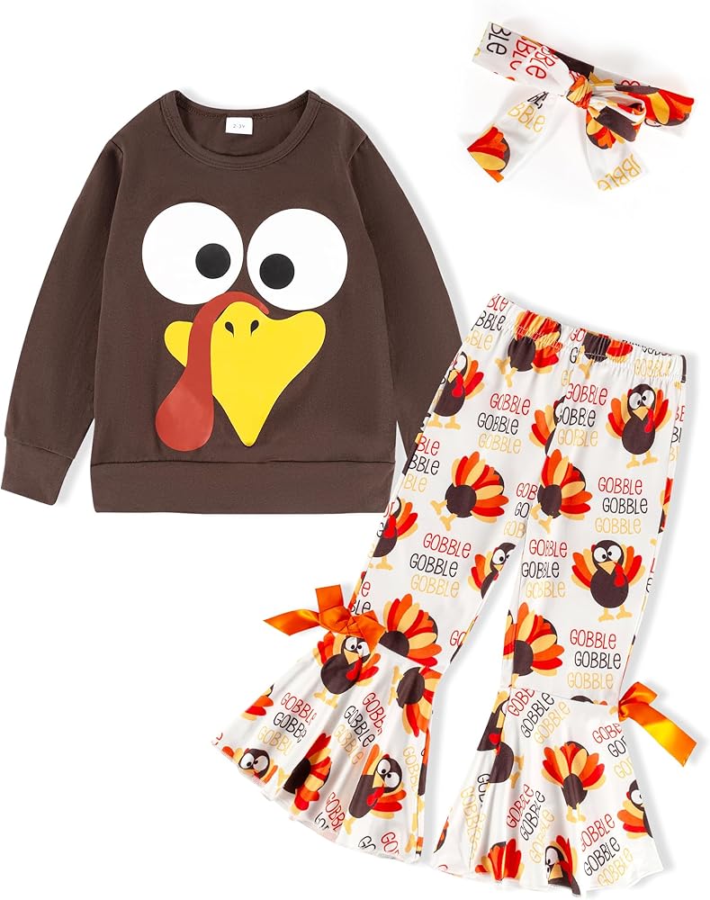 Thanksgiving Outfit Toddler Girl Cute turkey Print Long Sleeve Tops +Pants +headscarf 3pcs Sets