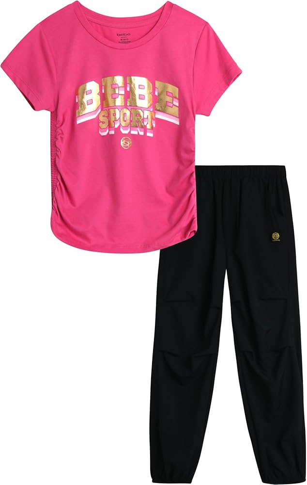 bebe Girls Jogger Set - Cute T-Shirt and Stretch Tech Jogger Pants - Girls 2 Piece Outfit (7-12)