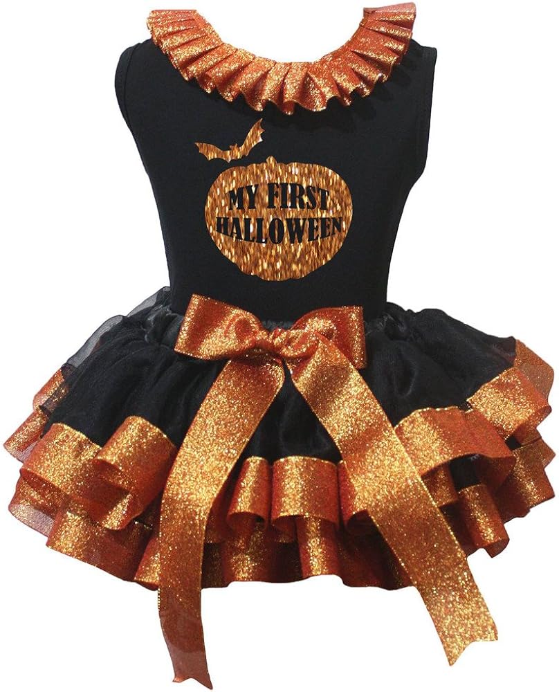 Petitebella Bling My First Halloween Shirt Orange Black Petal Skirt Nb-8y