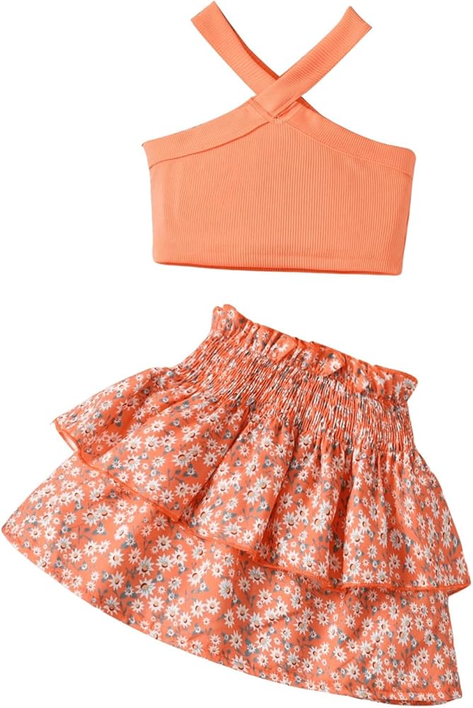 Girl's 2 Piece Summer Outfits Criss Cross Halter Tank Top and Shirred Tiered Layer Floral Skirts Set