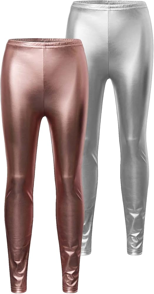 OYOANGLE Girl's 2 Piece Metallic Elastic Waist Workout Casual Leggings Pants Set