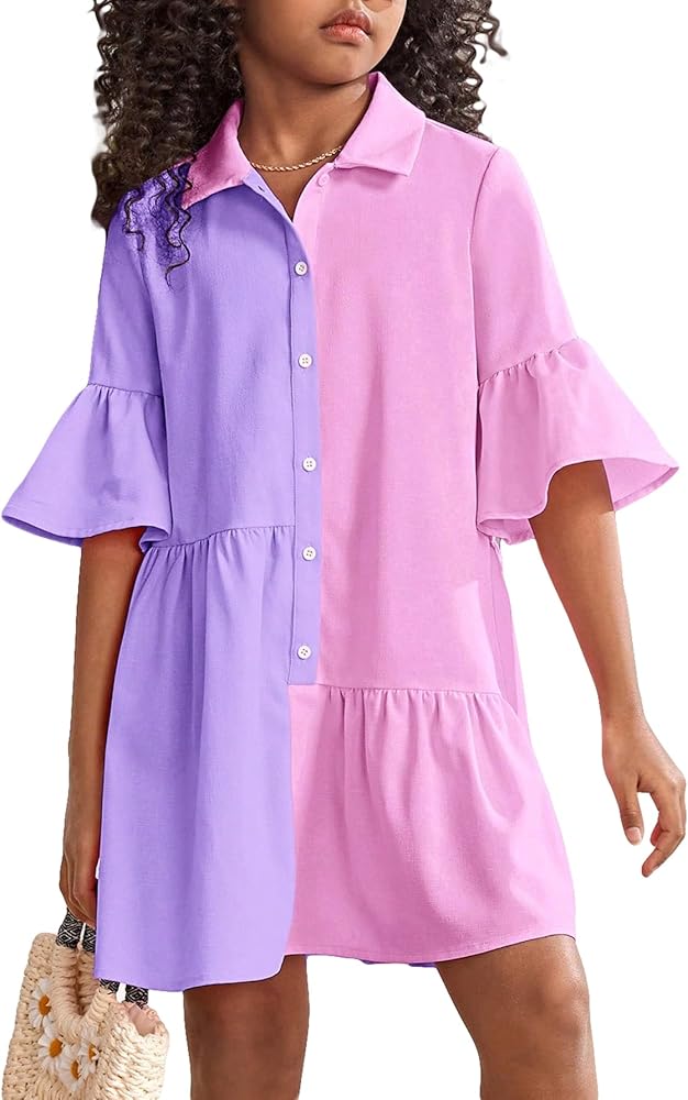 OYOANGLE Girl's Colorblock Ruffle Trim Flounce Sleeve Collared Neck Button Down Dress Cute Knee Length Dress