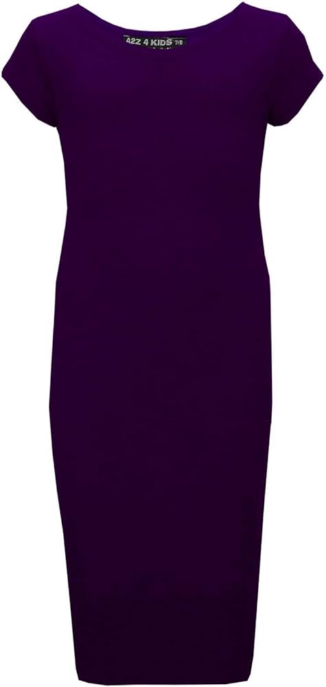 A2Z 4 Kids Girls Bodycon Plain Short Sleeve Long Length Dresses - Midi Dress Purple 9-10