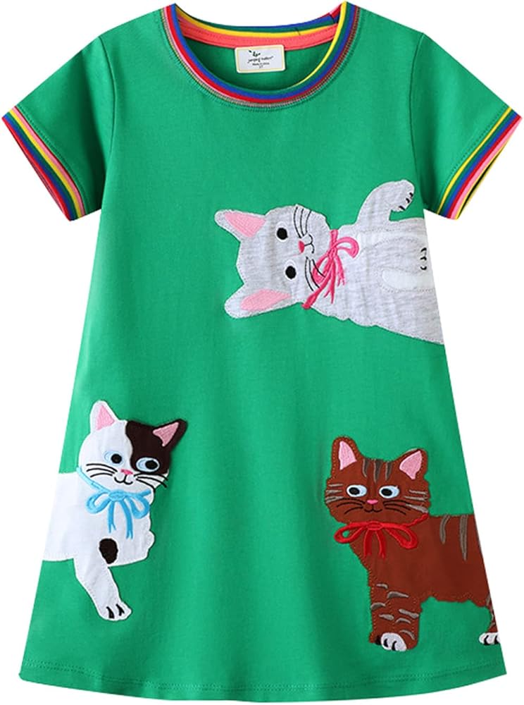 Cartoon Cat Applique Dresses for Kids Girls Casual Cotton Short Sleeve Dress Toddler Summer T-Shirt Dress