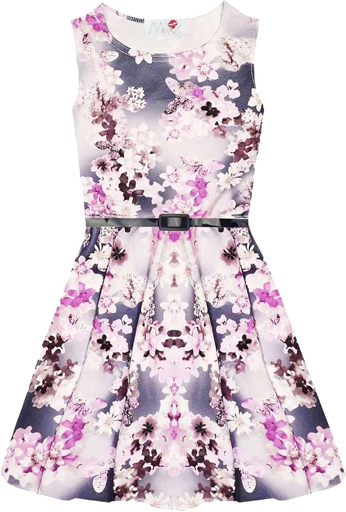 Girls Skater Dress Kids Check & Roses Print Summer Party Dresses Free Belt 7-13